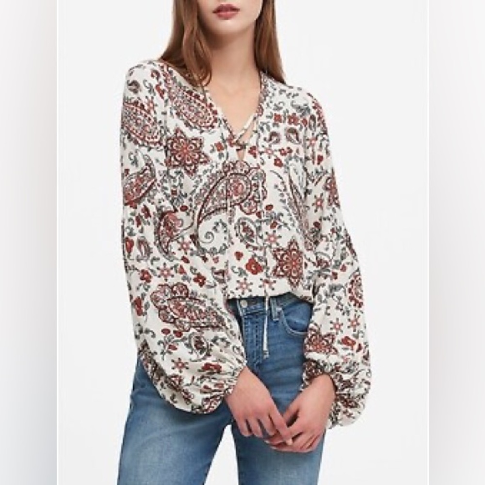 Banana Republic Balloon Sleeve Paisley Lace-Up Top